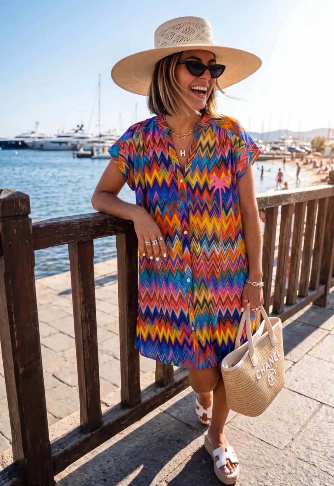 Robe zigzag multicolore portée en bord de mer